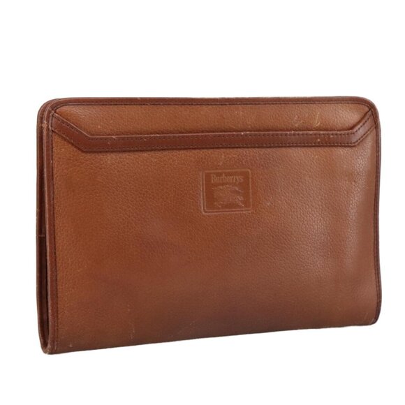 Burberrys Clutch Bag Leather Brown Gold Auth - Picture 1 of 16